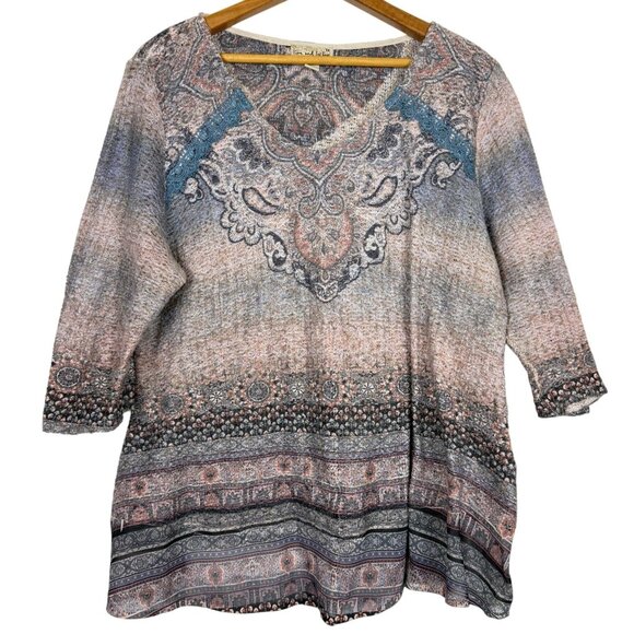 Live & Let Live Womens 1X Boho Print Knit Tunic Top Lace Detail Contrasting Hem - Picture 1 of 12